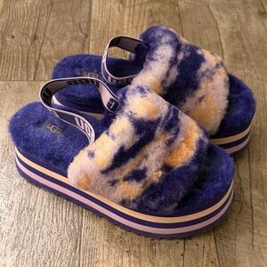 Ugg Disco Marble Slide Slippers Sheepskin Violet Night Purple Tie Dye